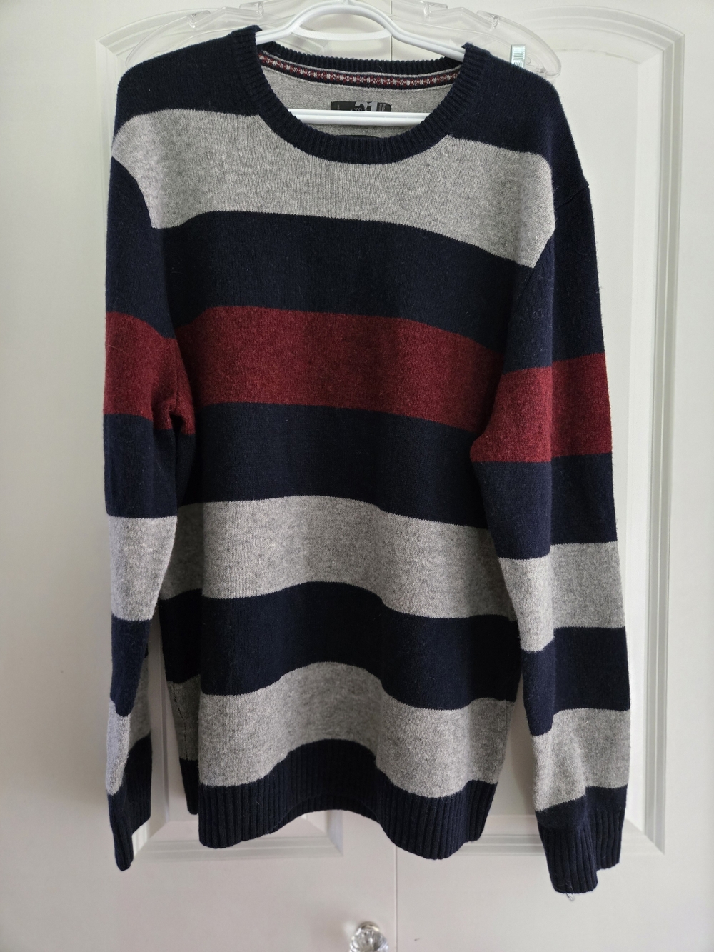 Le 31 Wool Men's Navy, Gray & Burgundy Striped Crewneck Sweater XXL